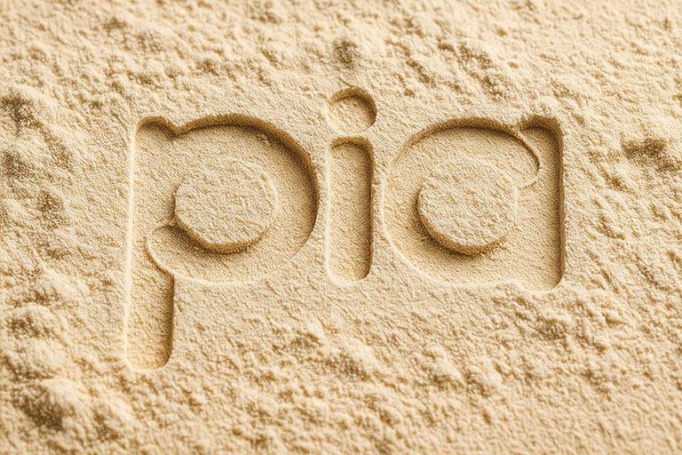 Emballage du complément alimentaire bio PIA Énergie, tenu en main sur fond jaune vibrant, avec gélules naturelles, fruits rouges et feuilles de menthe flottants.