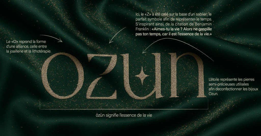 Foulard en satin vert profond brodé du logo Ozun couleur sable, parsemé de grains de sable doré, création Grow with Design pour une marque de joaillerie contemporaine.